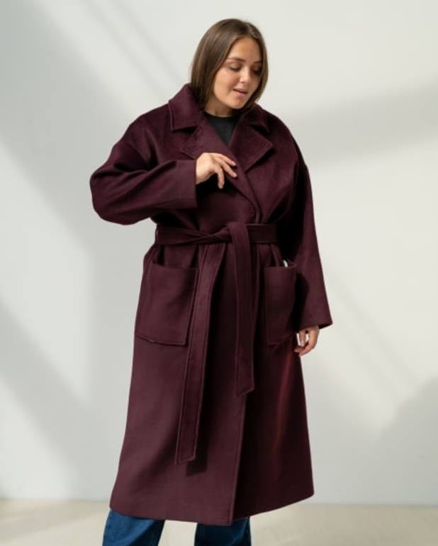 Драповое двубортное пальто с английским воротником, бордо