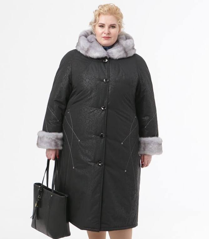 Зимнее пальто с эко-мехом норки и декором, черное