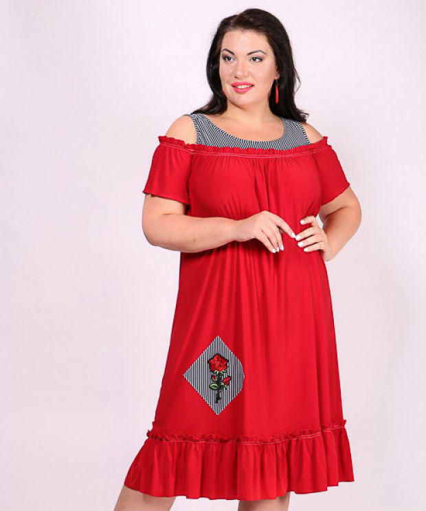 Повседневное платье с оборками и аппликацией, красное