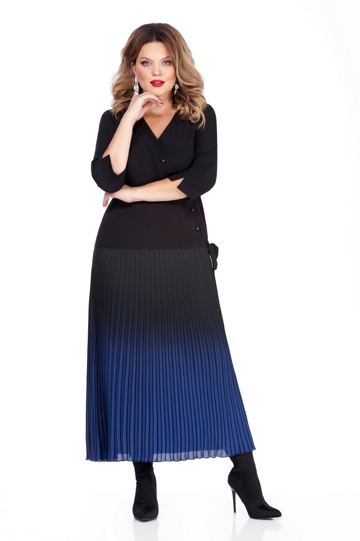 Платье с имитацией запаха и плиссированной юбкой, черное с синим