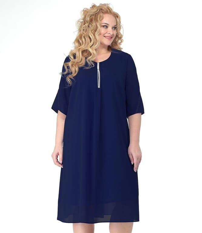 Свободное шифоновое платье с украшением, темно-синее