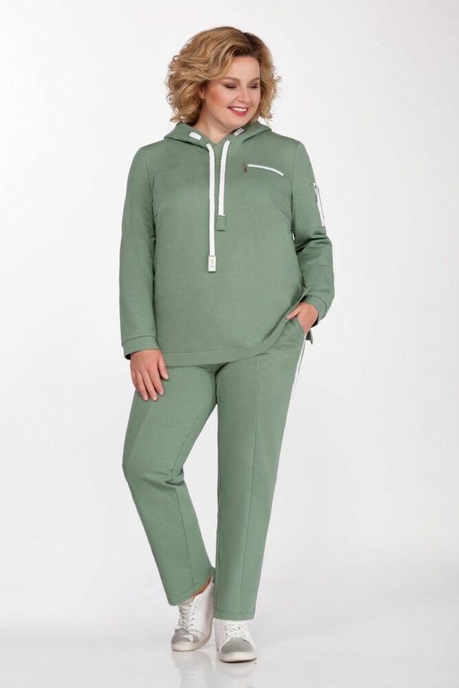 Комплект из брюк и блузона с белой отделкой, зеленый