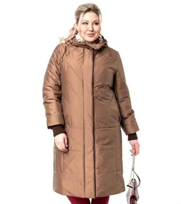 Пальто с горизонтальной стежкой и капюшоном, коричневое