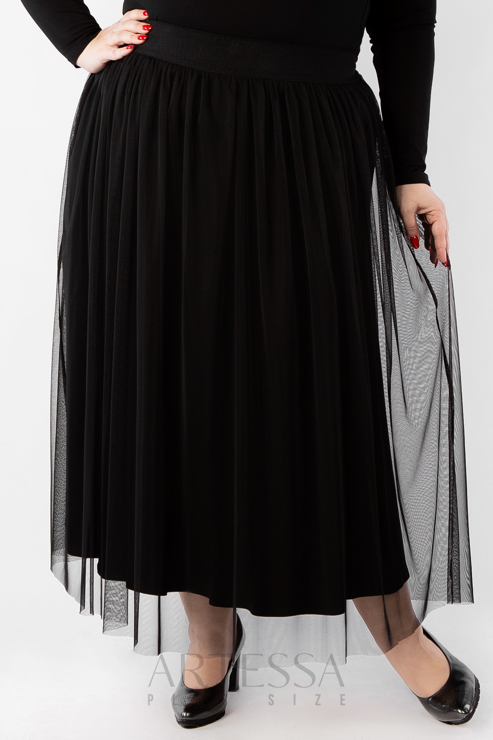 Длинная двухслойная юбка с рисунком, черная