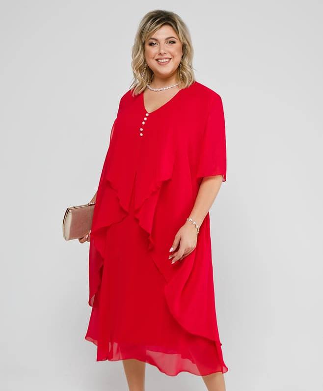 Многослойное шифоновое платье с декором, красное