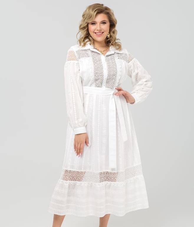 Свободное платье с декором шитьем, белое