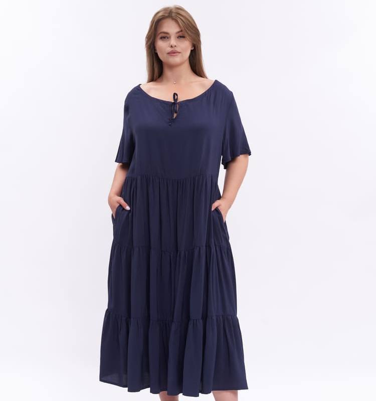 Расклешенное платье с коротким рукавом, темно-синее