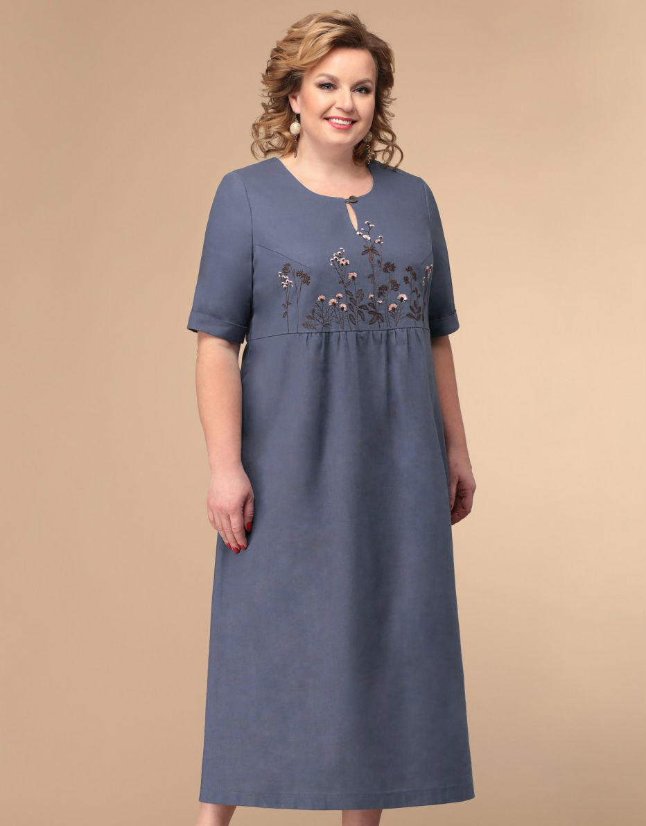 Повседневное платье с коротким рукавом и вышивкой, синее