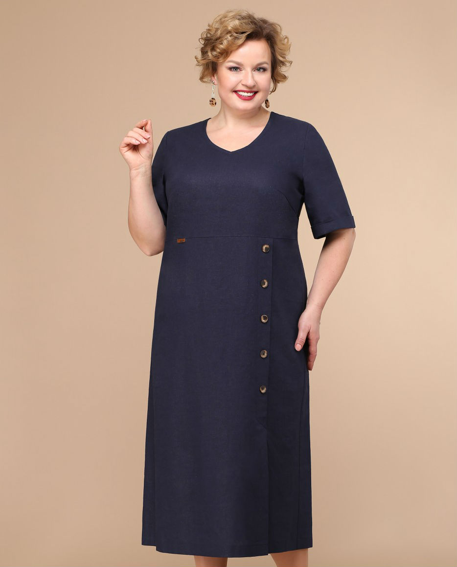 Прямое платье с коротким рукавом и декоративными пуговицами, темно-синее