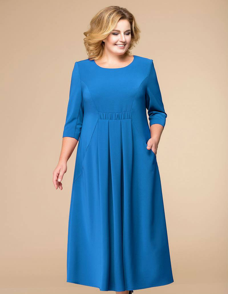Расклешенное платье с бантовыми складками и карманами, голубое