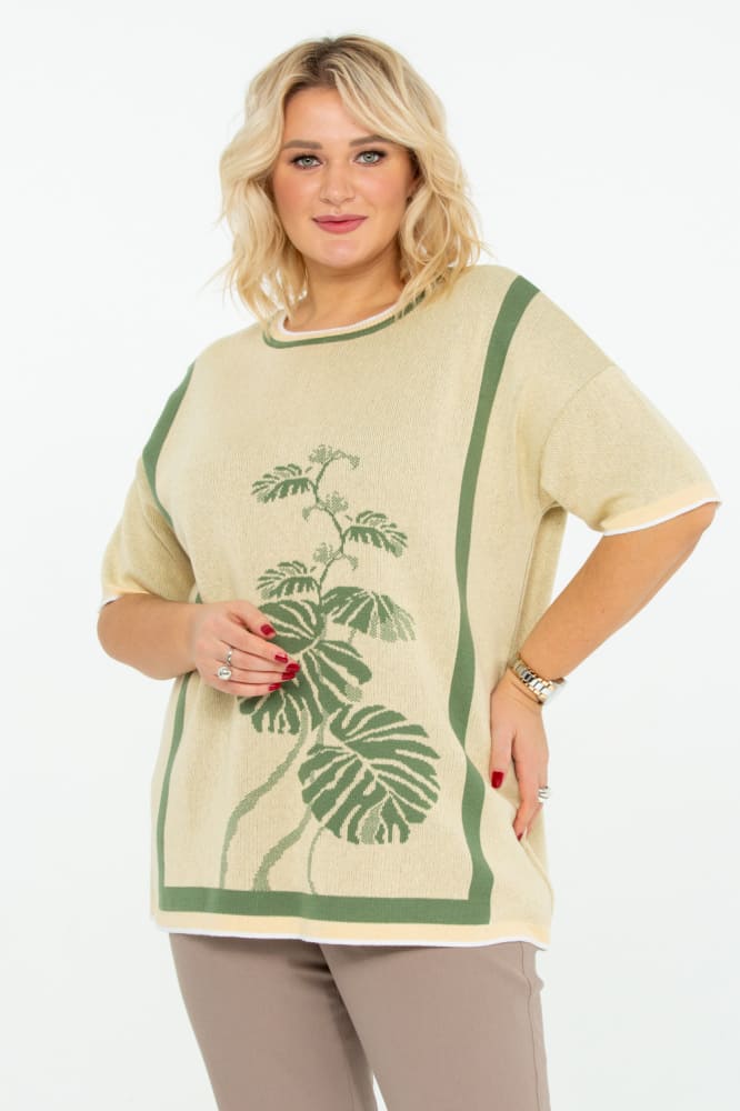 Свободная футболка с растительным принтом, бежевая