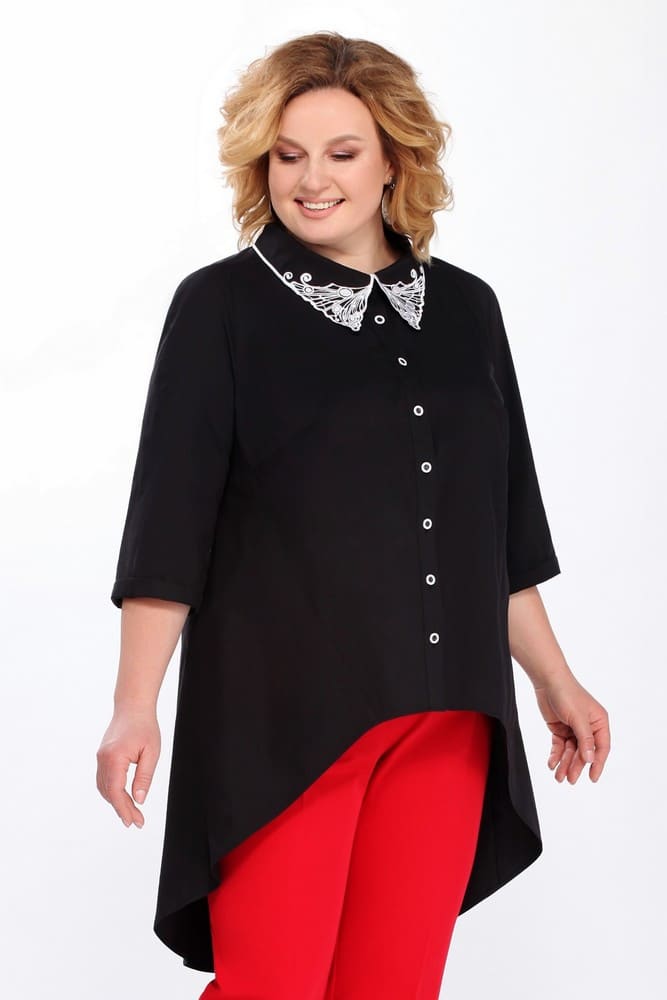 Блуза с перепадом длины и вышивкой на воротнике, черная