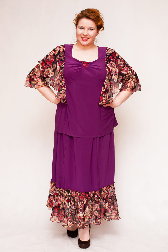 Комплект из юбки и блузки с принтованным шифоном, фиолетовый