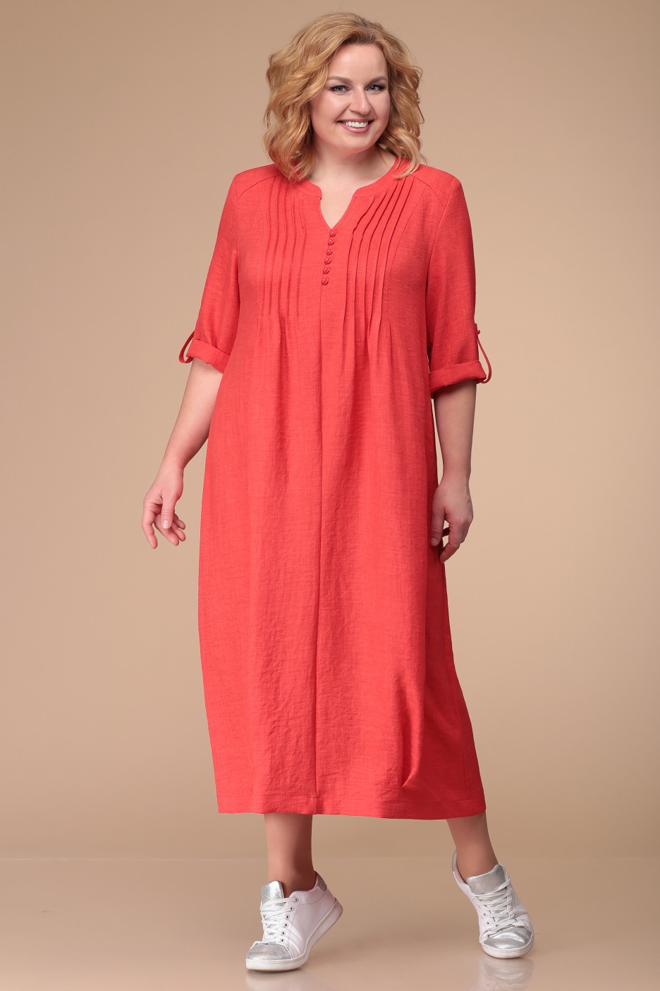 Свободное повседневное платье с декоративными складками, красное