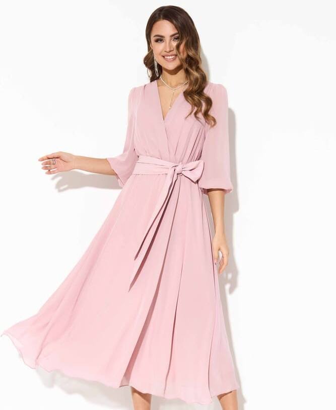 Расклешенное платье с длинным поясом, розовое