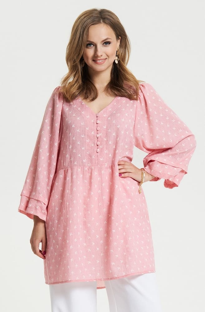 Свободная блузка с широким рукавом, розовая