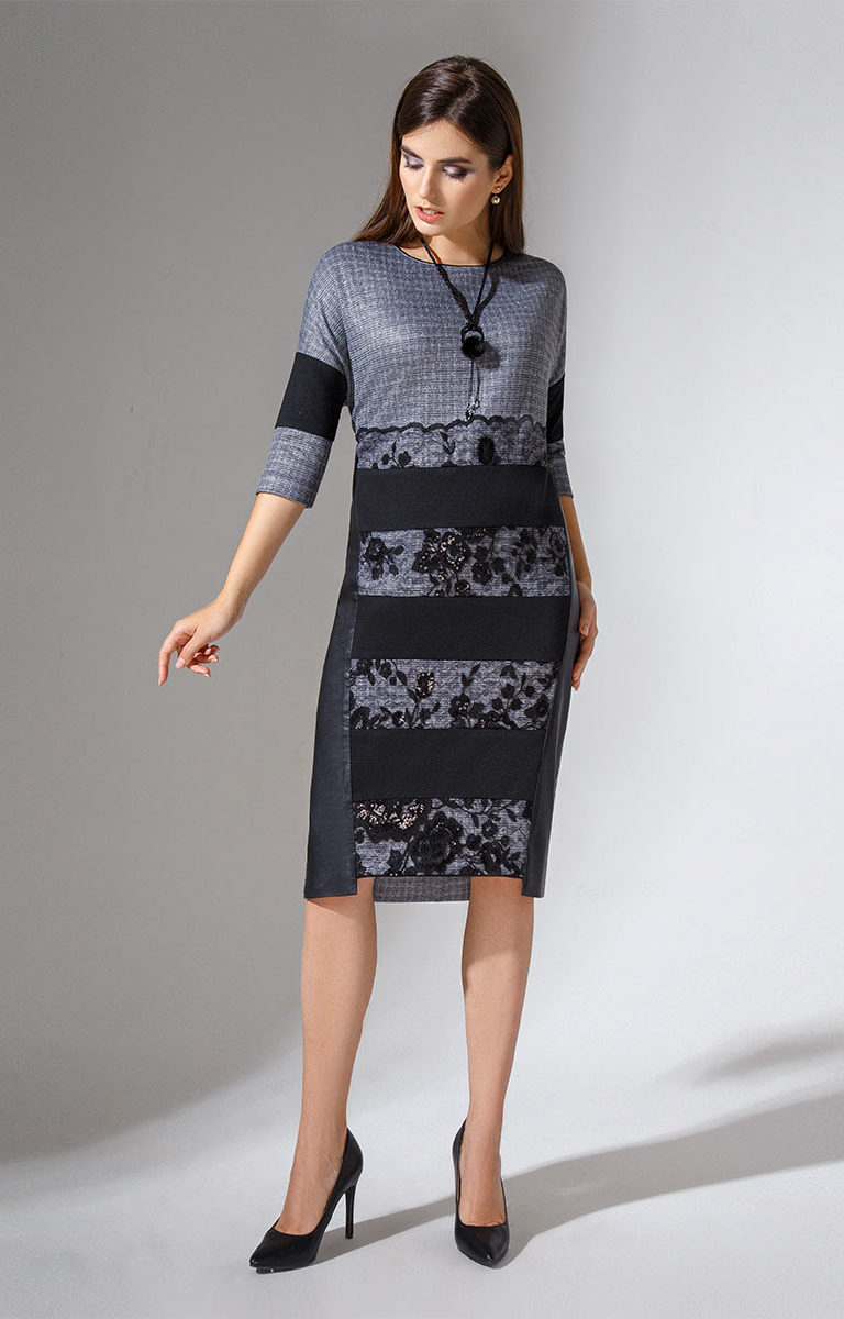 Трикотажное платье с кружевным декором, черное с серым