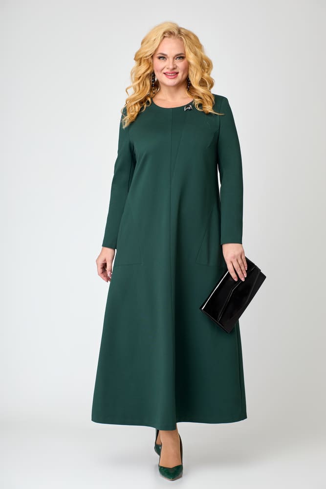 Длинное трикотажное платье с брошью, зеленое