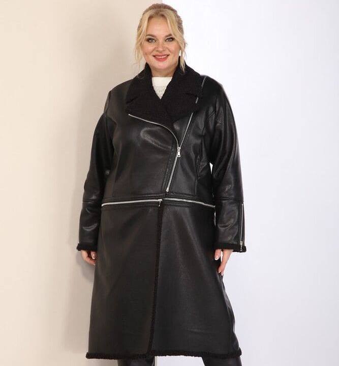Кожаное пальто-трансформер с молниями на рукавах, черное