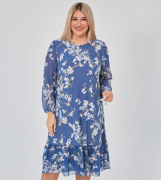 Трикотажное платье с шифоновыми рукавами, синее