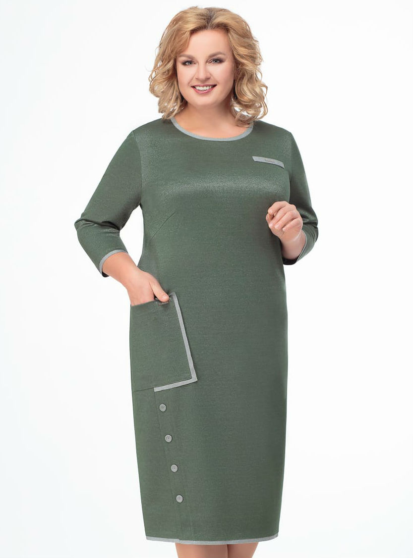 Трикотажное платье с накладным карманом и декором, зеленое