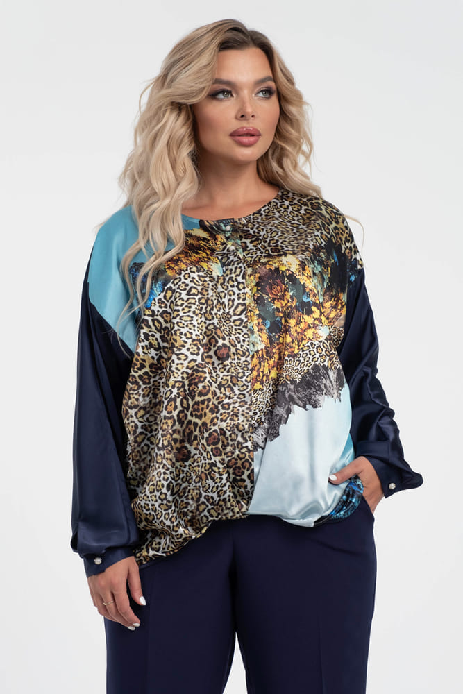 Атласная блузка с купонным рисунком, темно-синяя