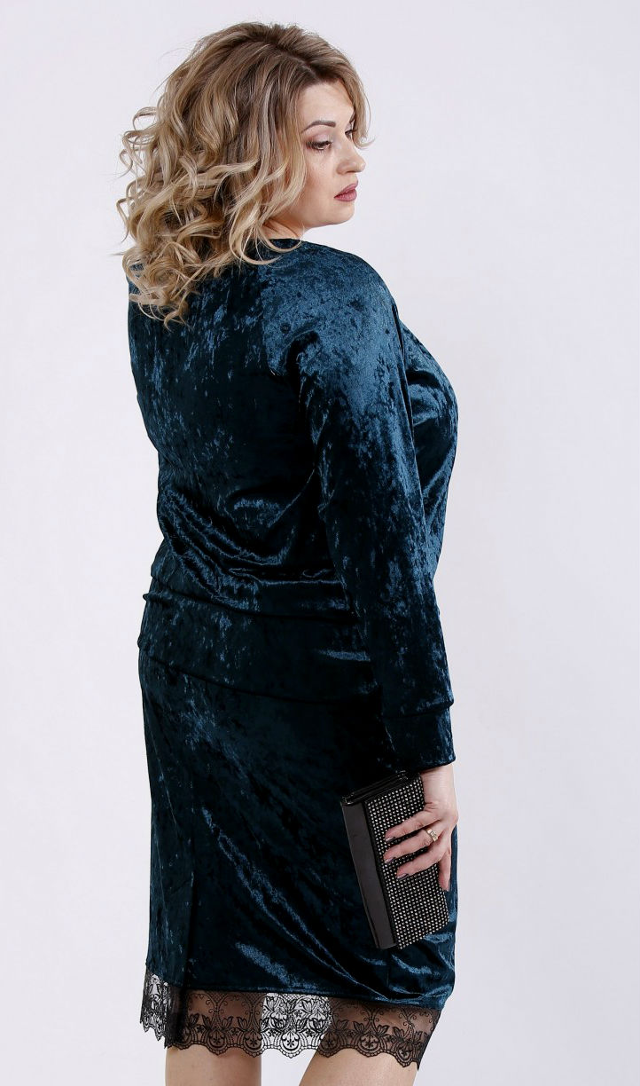 Велюровое платье с кружевной отделкой,тёмная волна