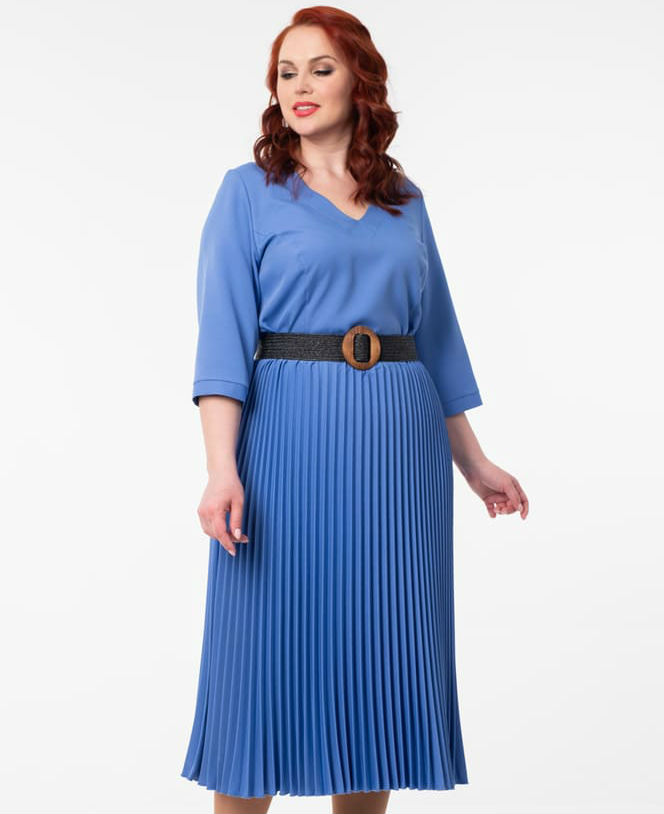 Текстильное платье с гофрированной юбкой, синее
