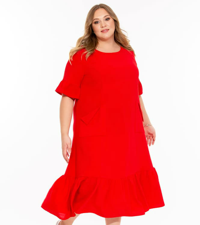 Расклешенное платье с накладными карманами, красное