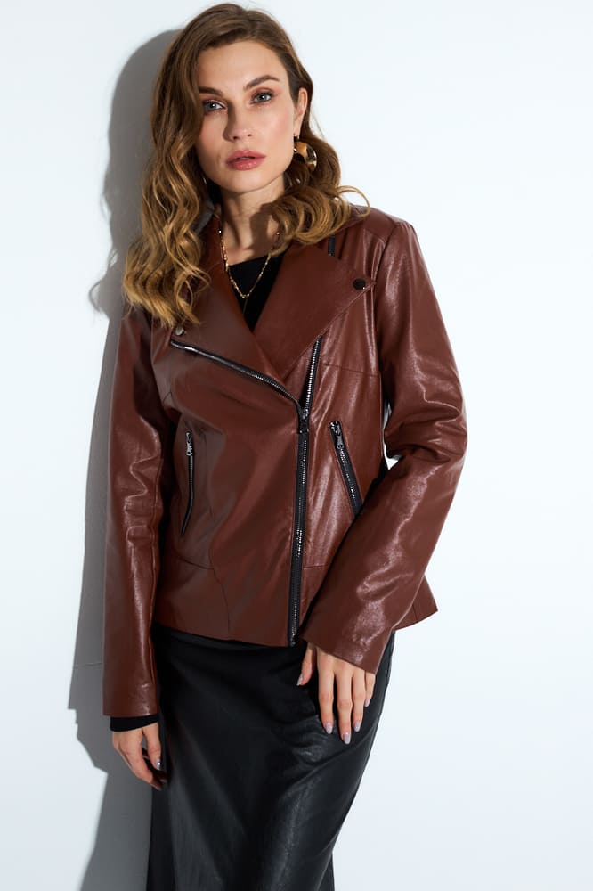 Кожаная куртка-косуха на подкладке, коричневая