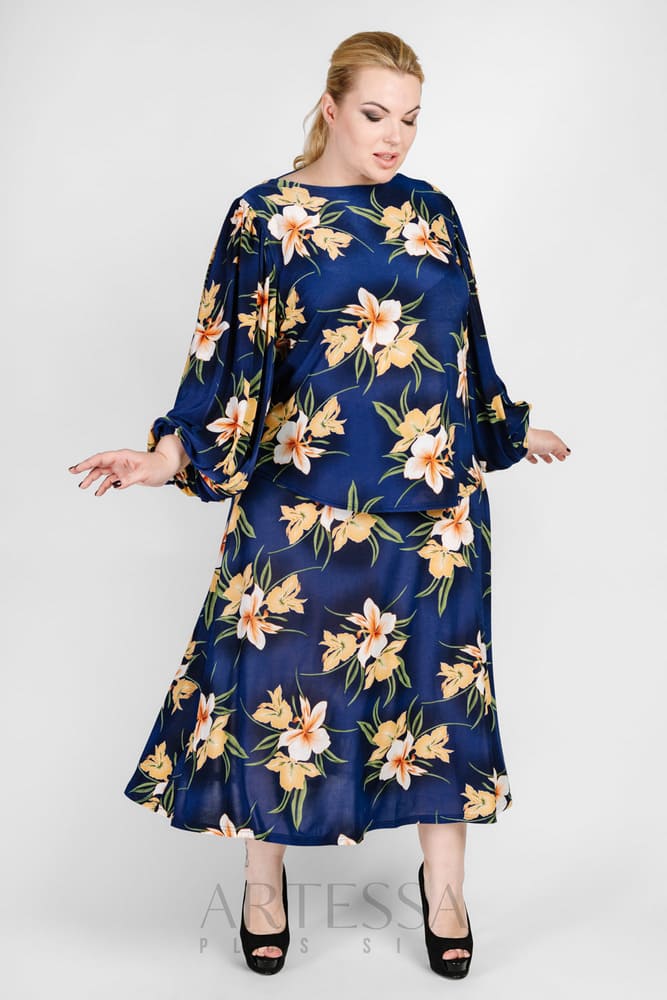 Комплект из юбки и блузки с декором на спинке, темно-синий