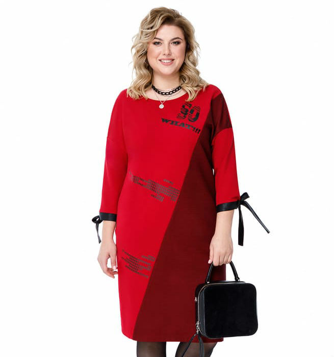 Свободное асимметричное платье с декором, бордо с красным