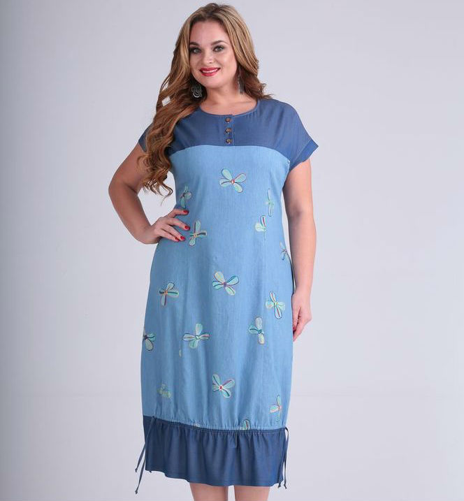 Легкое платье с коротким рукавом и декором, голубое