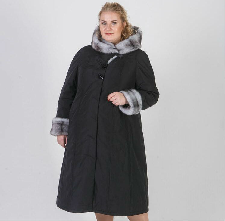Свободное зимнее пальто с мехом норки, черное