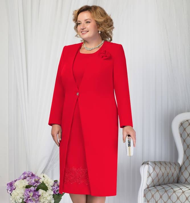 Комплект из платья и длинного жакета на одной пуговице, красный