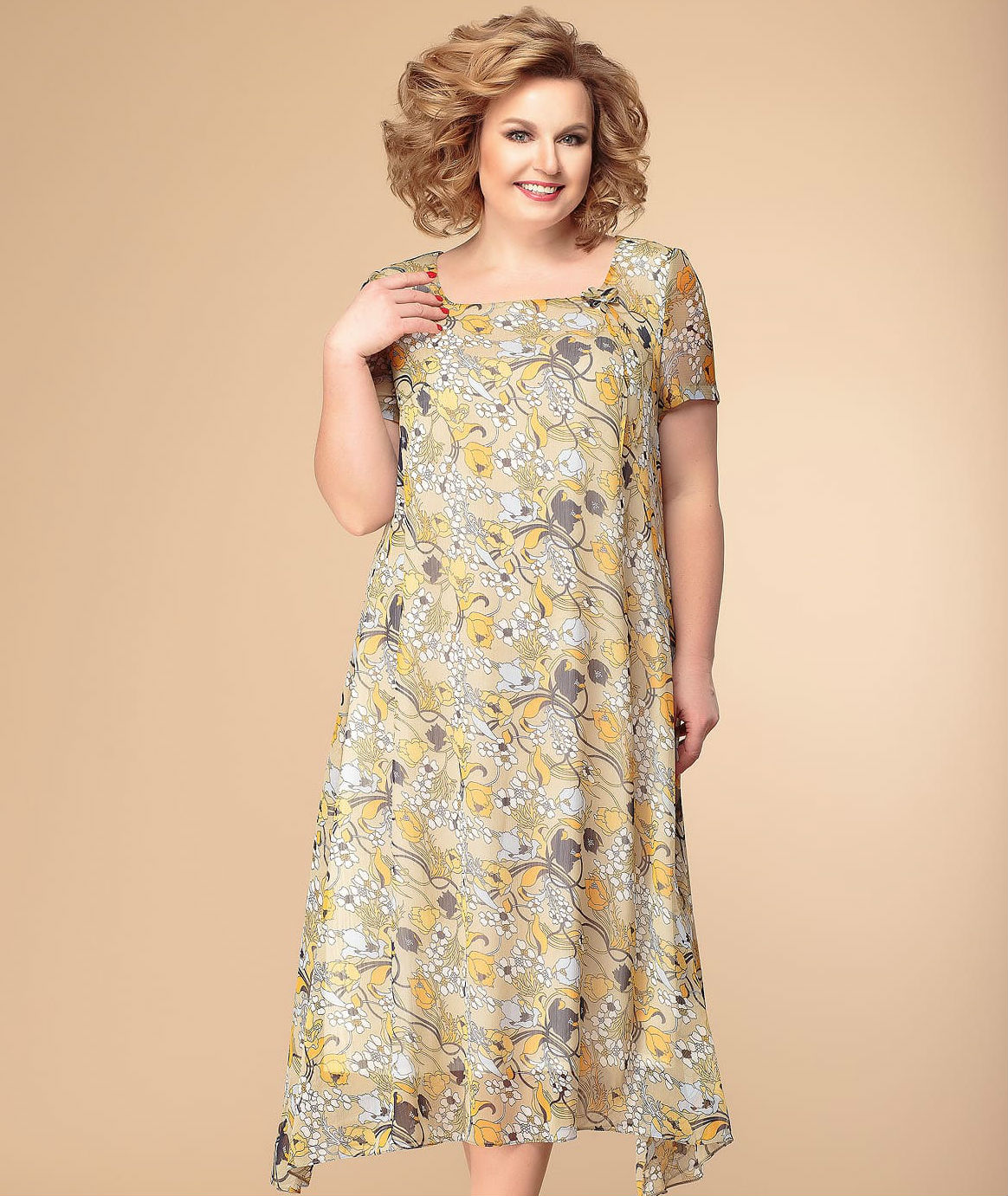 Длинное платье А-силуэта с коротким рукавом, оливково-желтое