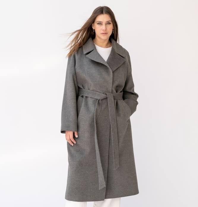 Длинное драповое пальто-халат, серое