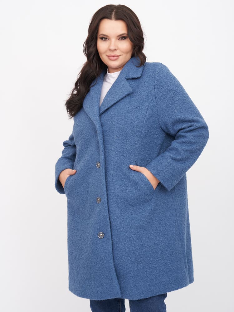 Буклированное пальто с отложным воротником, синее