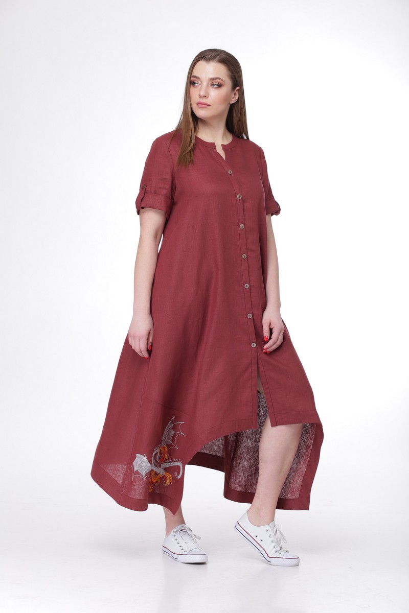 Длинное платье с асимметричным низом и вышивкой, сангрия