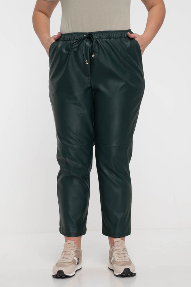 Кожаные брюки на резинке, зеленые