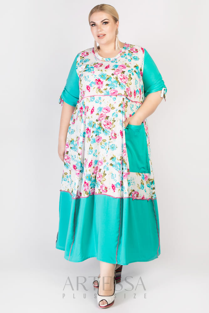 Летнее комбинированное платье с цветочным принтом, зеленое