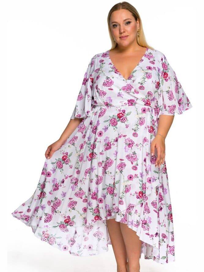 Платье с перепадом длины и рукавом-крылышко, розовый сад