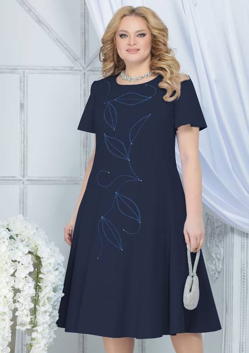 Приталенное платье с декором вышивкой со стразами, темно-синее