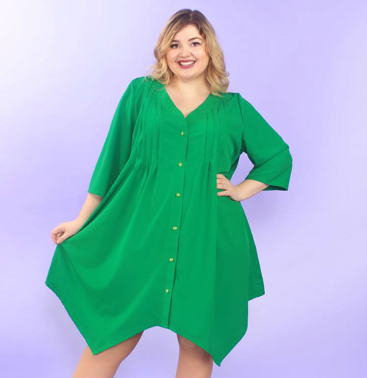 Расклешенное платье-рубашка с драпировкой, зеленое