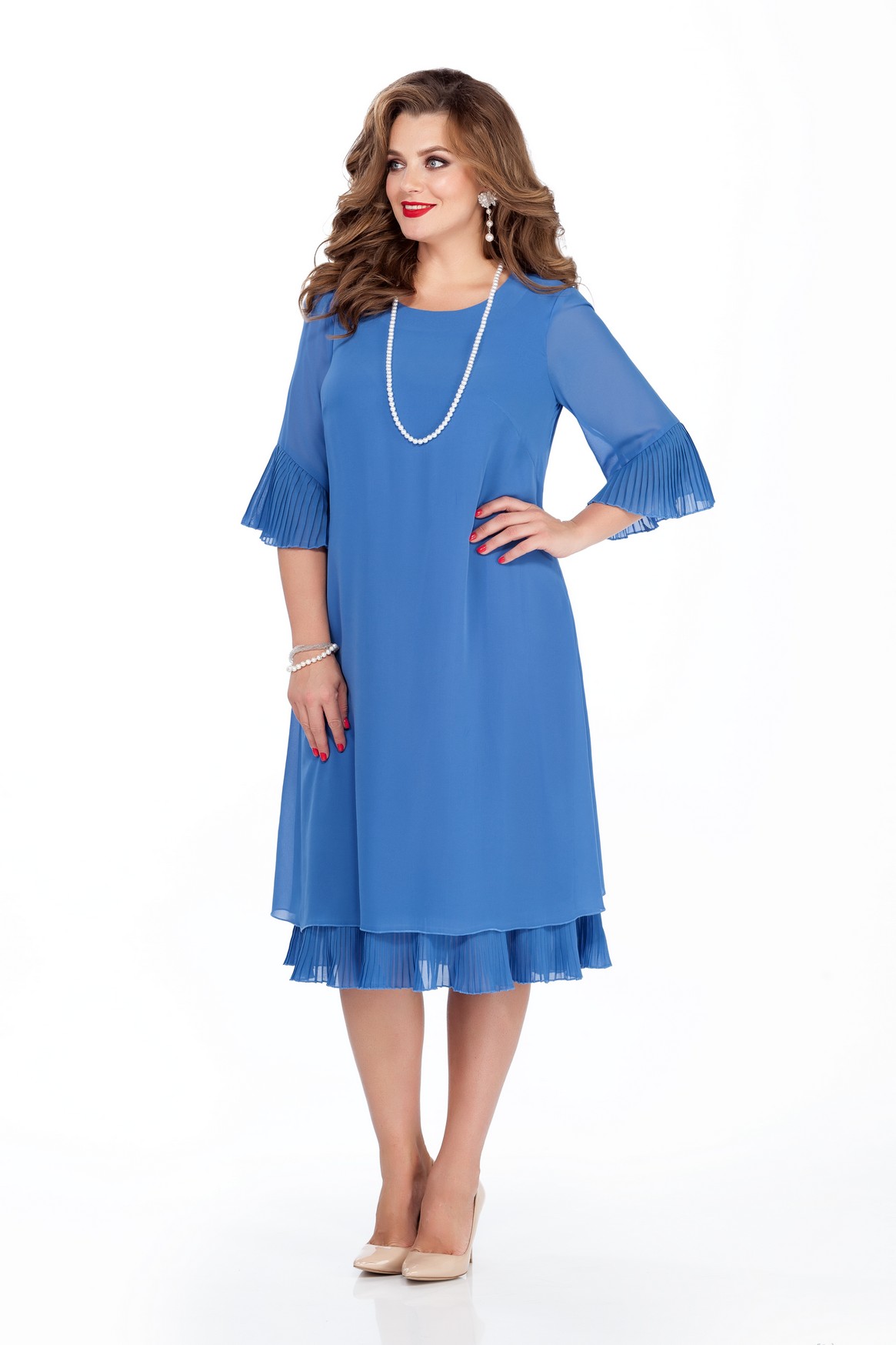 Расклешенное платье с отделкой плиссированной тканью, голубое