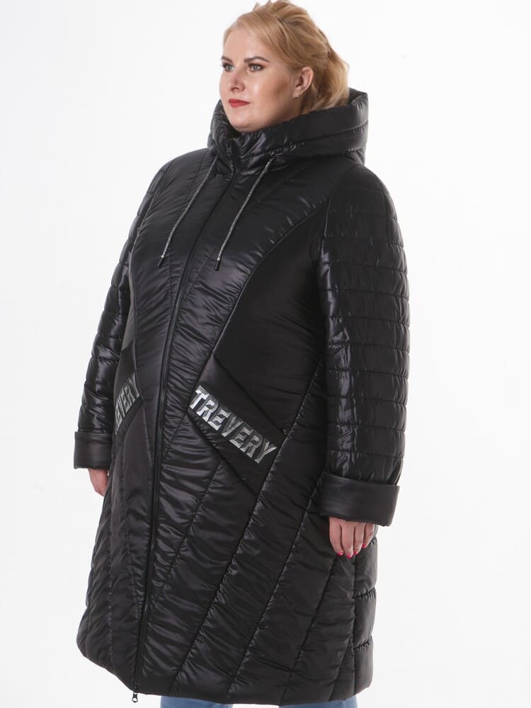 Стеганое пальто с силиконовыми брендированными лентами, черное