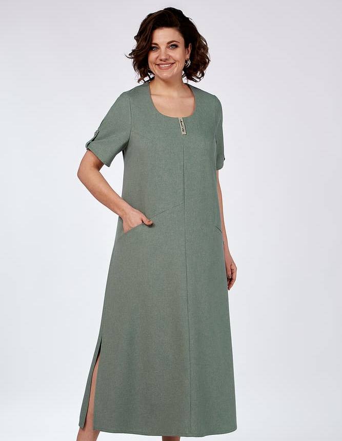 Длинное платье с карманами и патой на рукаве, серо-зеленое