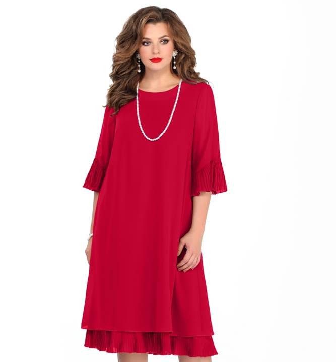 Расклешенное платье с отделкой плиссированной тканью, красное