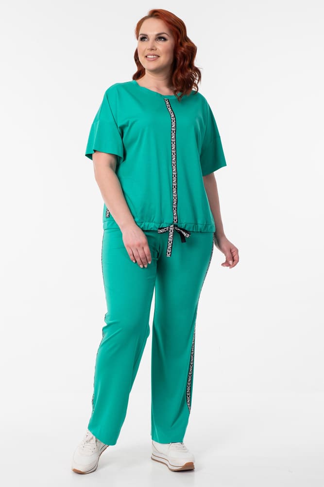 Трикотажный комплект из брюк и блузки с декором тесьмой, зеленый