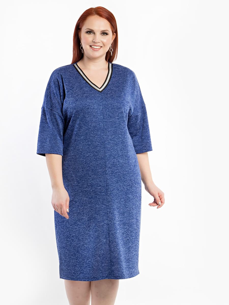 Трикотажное платье с декоративной лентой на горловине, синее